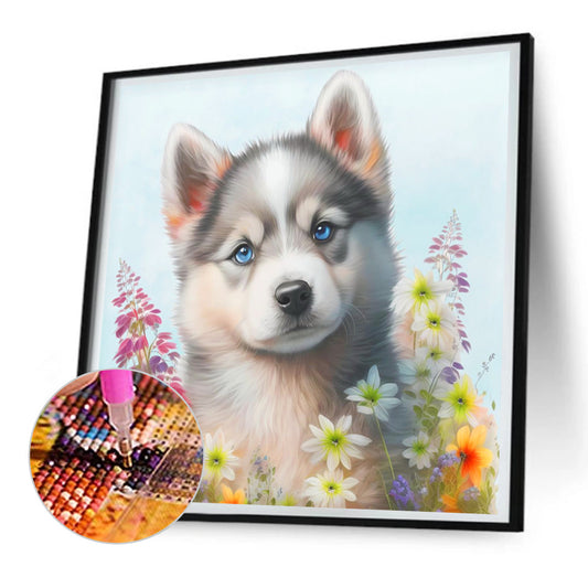 The Cute Dog In The Flowers - Full Round Drill Diamond Painting 30*30CM