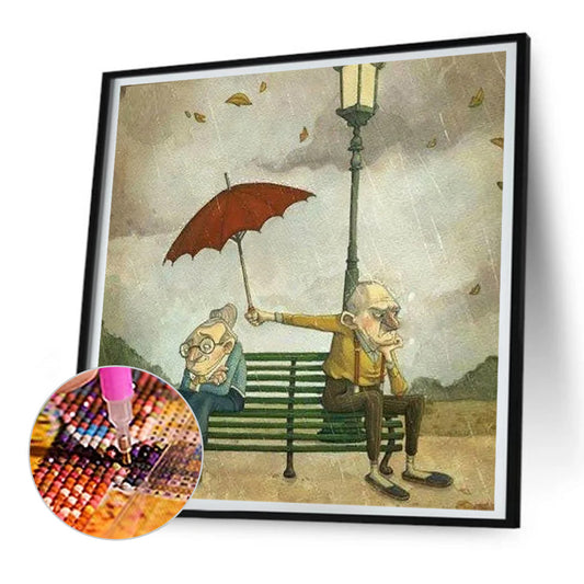 Angry Old Couple Holding Umbrella - Full Round Drill Diamond Painting 30*30CM