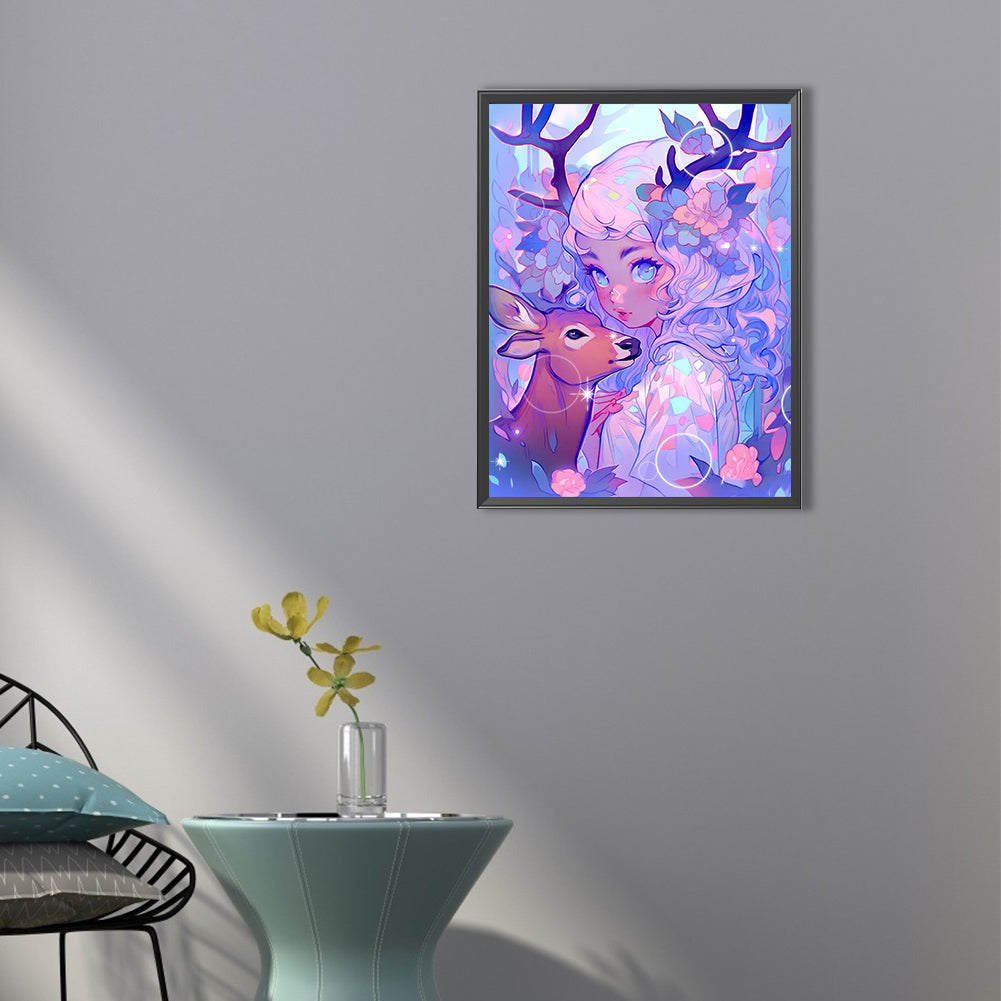 Girl And Deer - Full Round Drill Diamond Painting 40*50CM