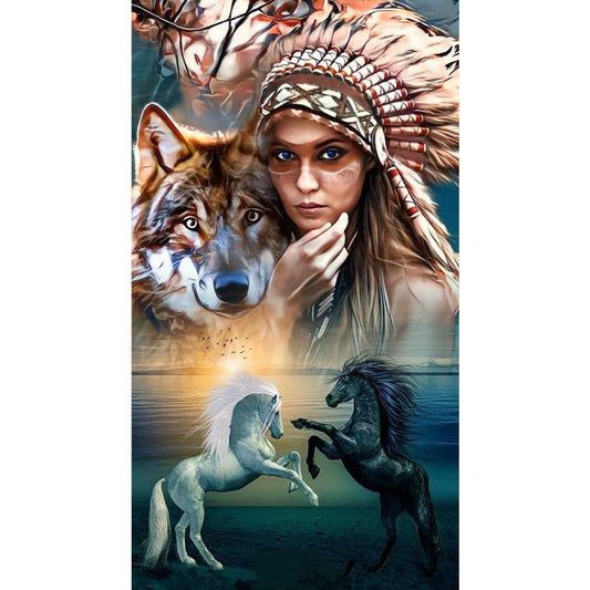 Indians And Wolves - Full Round Drill Diamond Painting 50*90CM