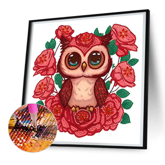 Owl With Flowers - Special Shaped Drill Diamond Painting 30*30CM