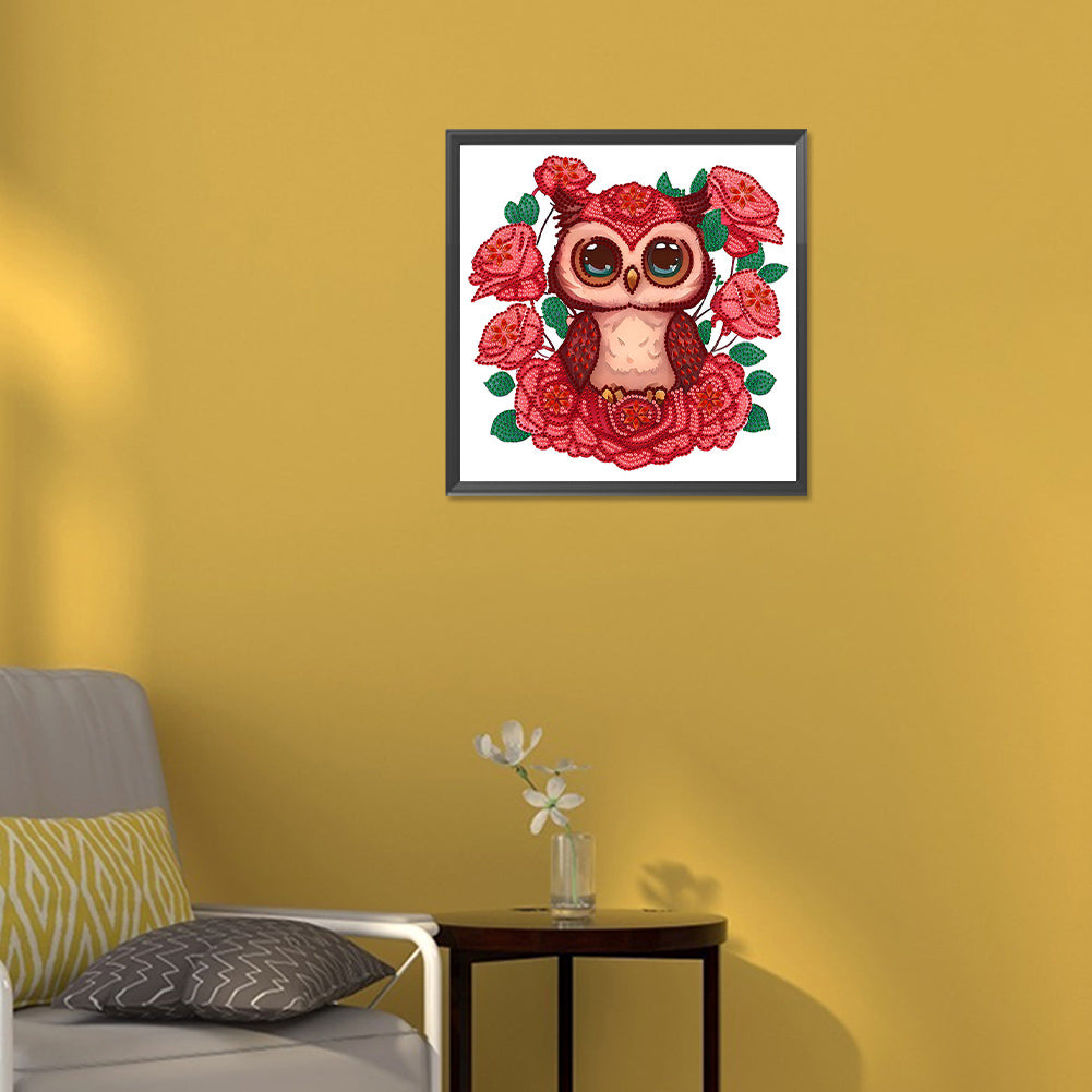 Owl With Flowers - Special Shaped Drill Diamond Painting 30*30CM