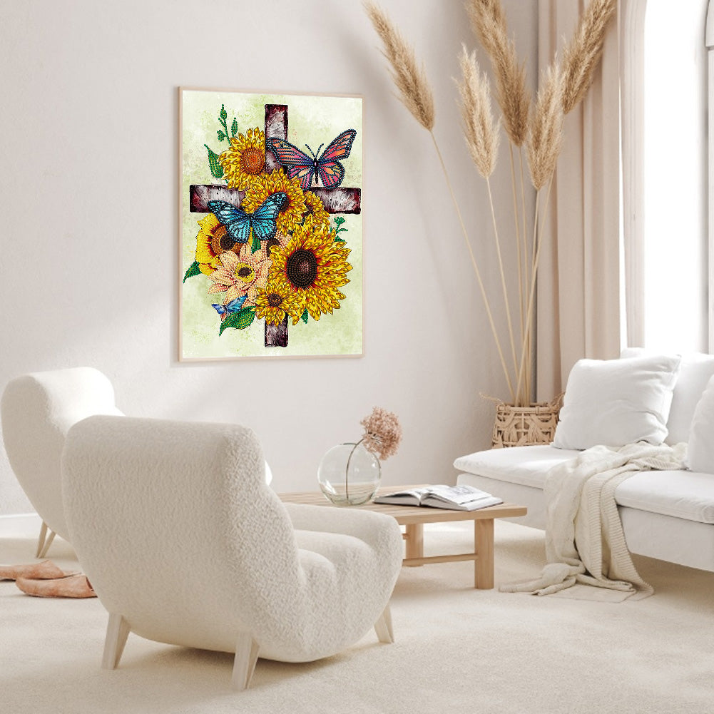 Sunflower Cross - Special Shaped Drill Diamond Painting 30*40CM