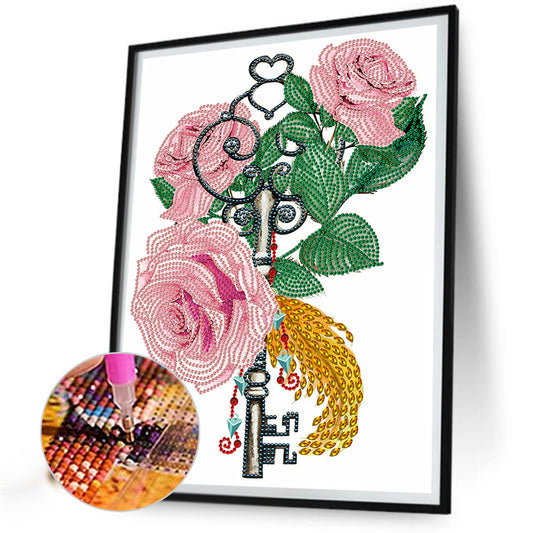 Flower And Key Pendant - Special Shaped Drill Diamond Painting 30*40CM