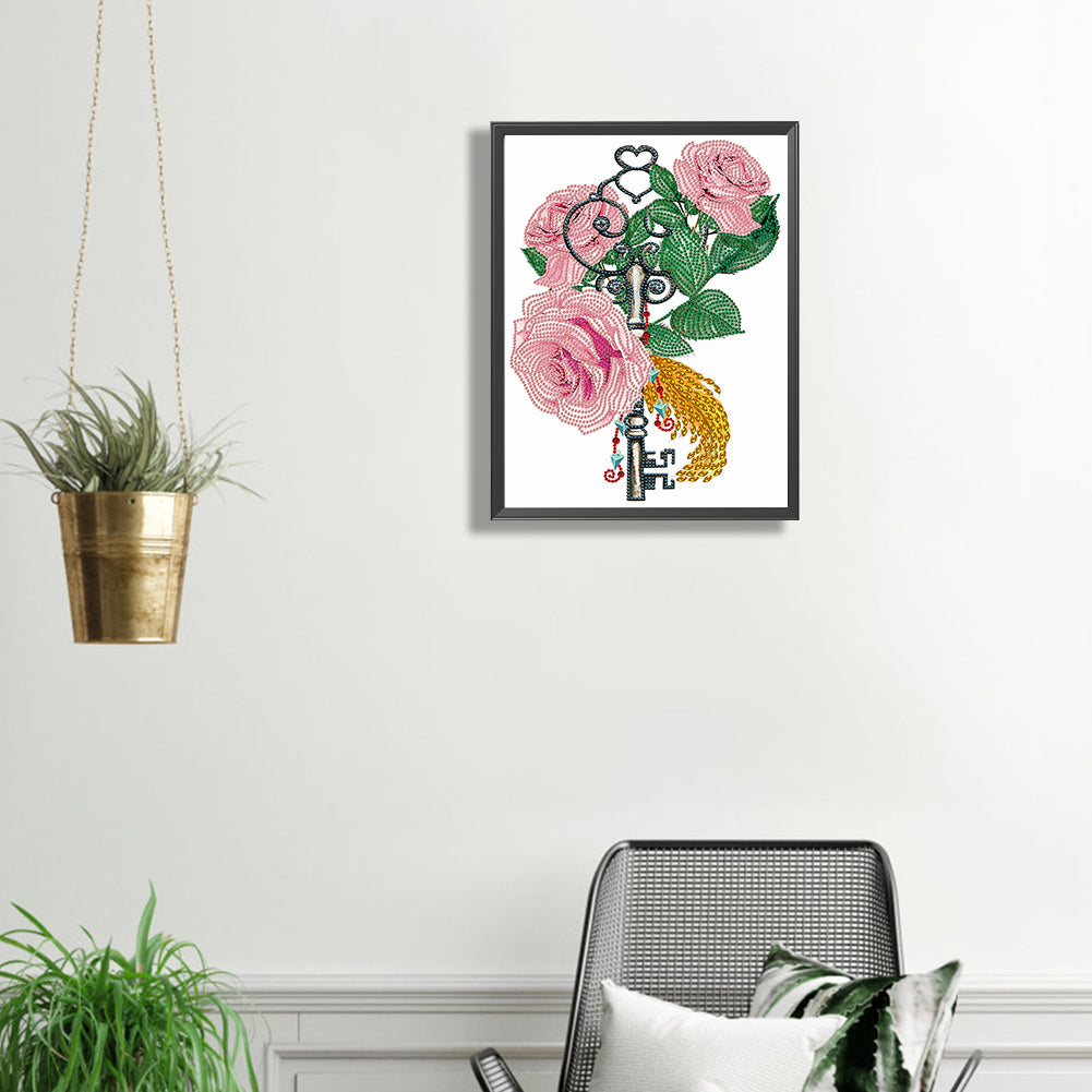 Flower And Key Pendant - Special Shaped Drill Diamond Painting 30*40CM