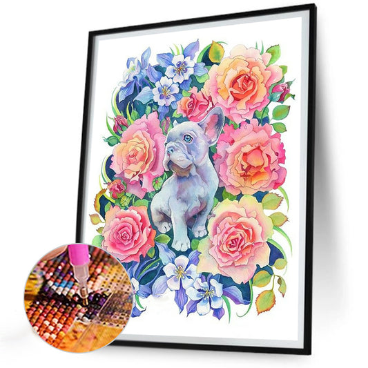 Puppy Surrounded By Flowers - Full Round Drill Diamond Painting 30*40CM