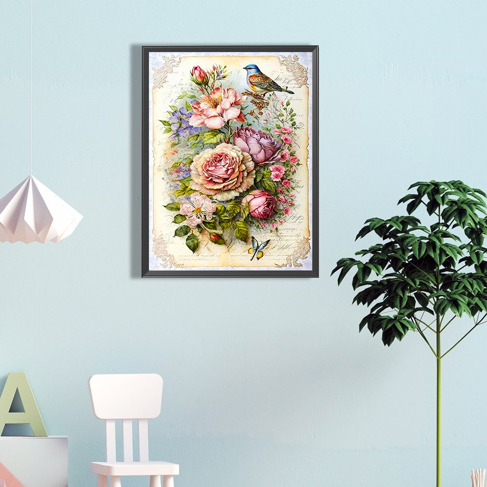 Bird On Flower Cluster - Full Round Drill Diamond Painting 40*60CM