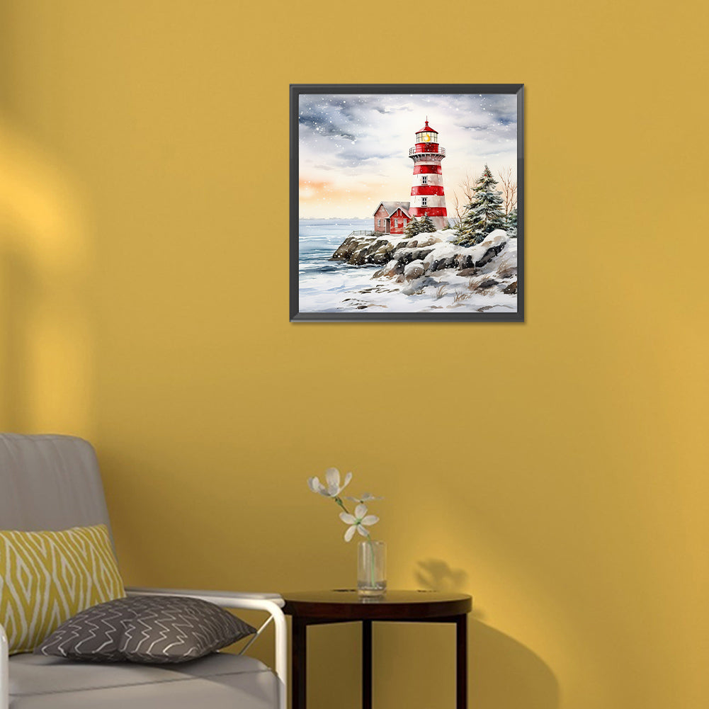Christmas Winter Snowflake Lighthouse - Full Round Drill Diamond Painting 30*30CM