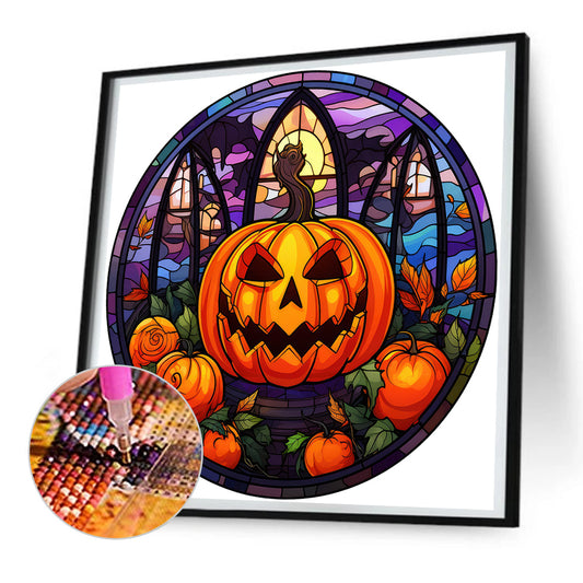 Halloween Pumpkin Skeleton Haunted House Glass Painting - Full Round Drill Diamond Painting 30*30CM