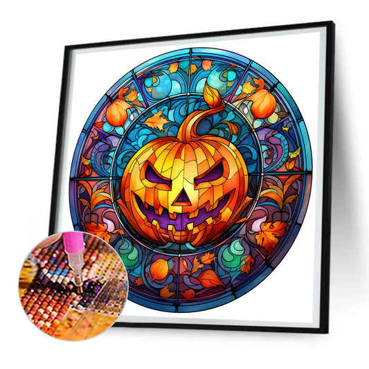 Halloween Pumpkin Skeleton Haunted House Glass Painting - Full Round Drill Diamond Painting 30*30CM