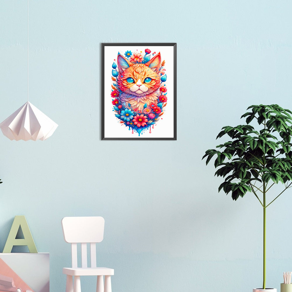Flowers And A Confident Orange Cat - Full Round Drill Diamond Painting 30*40CM
