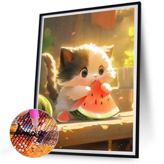 Kitten Eating Watermelon - Full Round Drill Diamond Painting 30*40CM