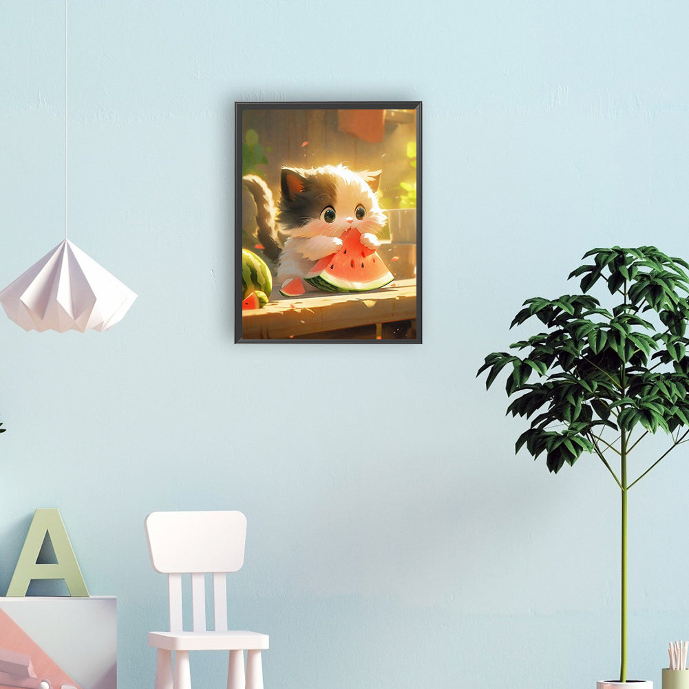 Kitten Eating Watermelon - Full Round Drill Diamond Painting 30*40CM