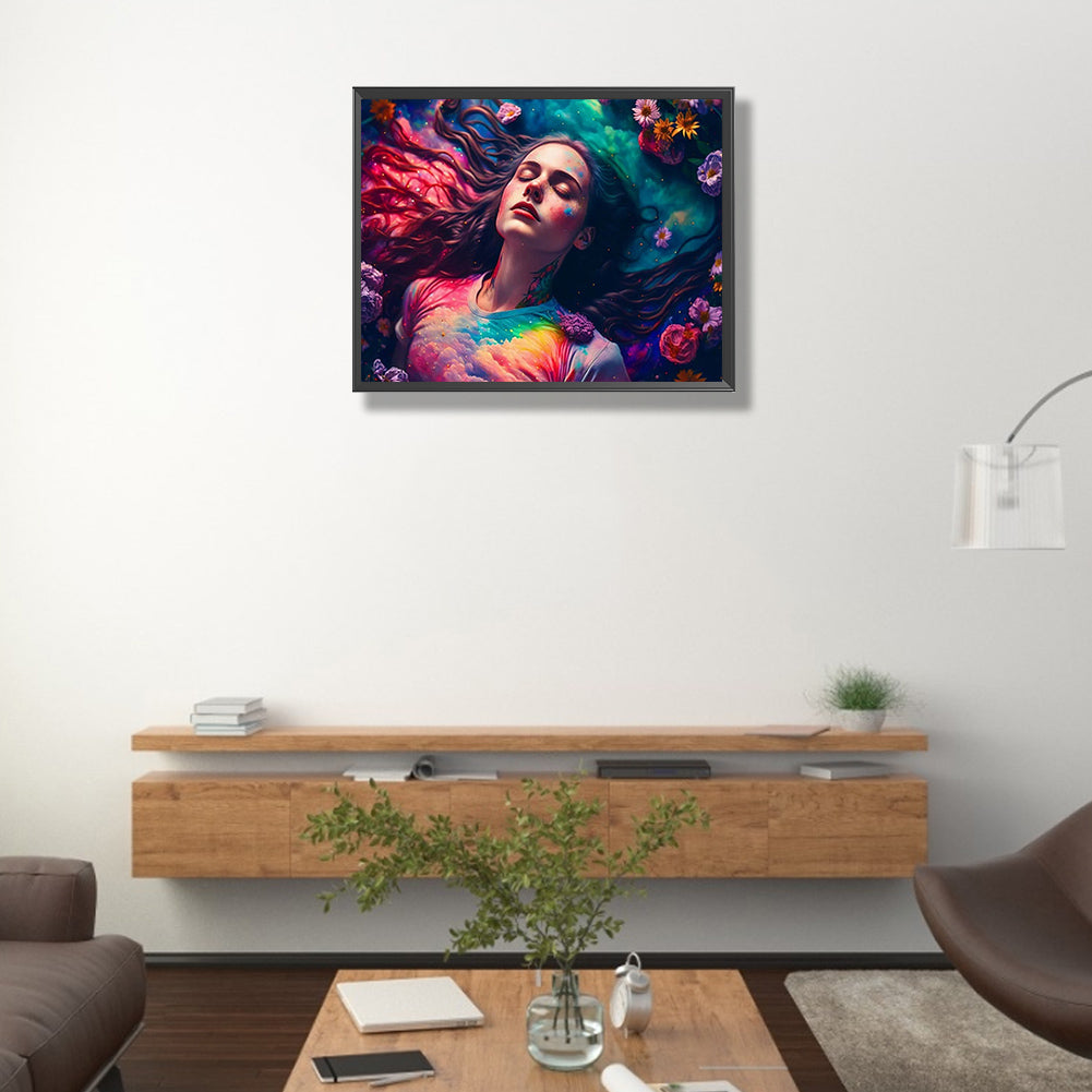 The Girl Wandering In The Sea Of Flowers - AB Round Drill Diamond Painting 50*40CM