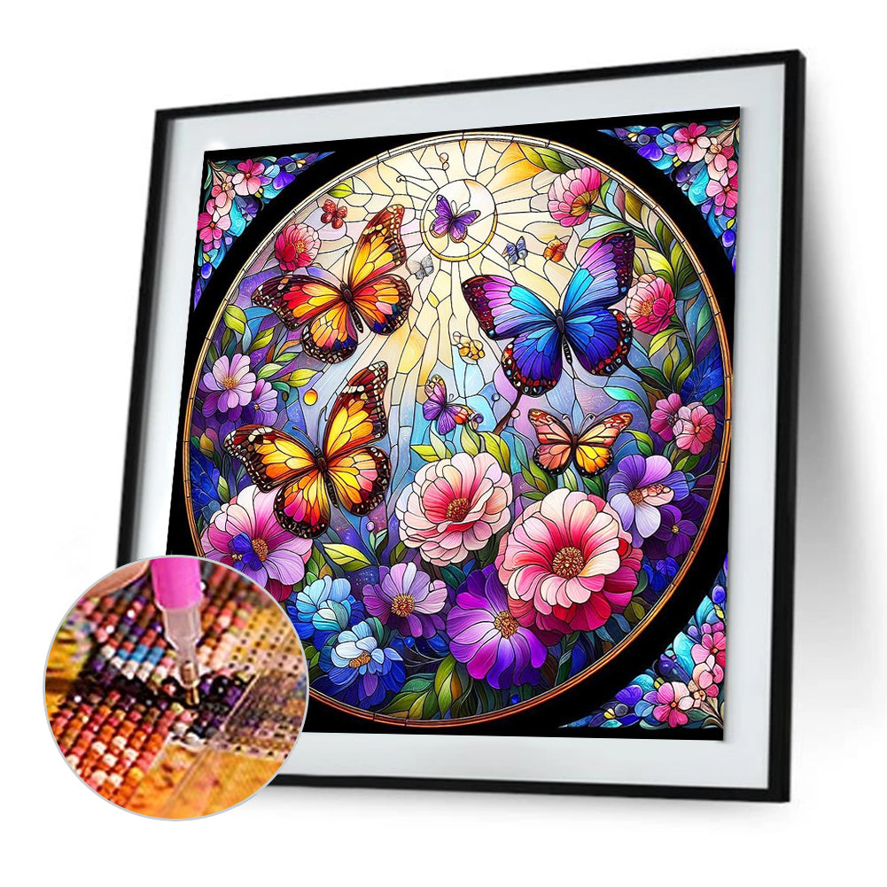 Glass Wind Butterfly And Flower - Full Round Drill Diamond Painting 30*30CM
