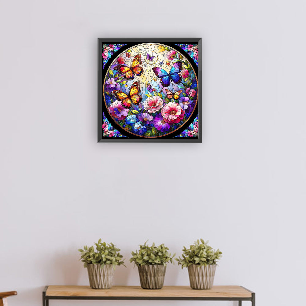 Glass Wind Butterfly And Flower - Full Round Drill Diamond Painting 30*30CM