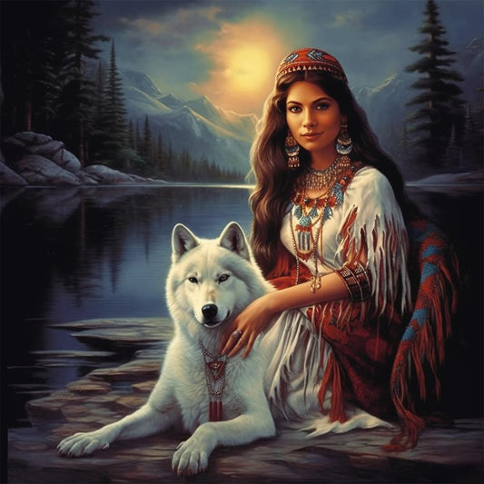Indian Beauty And Wolf - Full Round Drill Diamond Painting 30*30CM