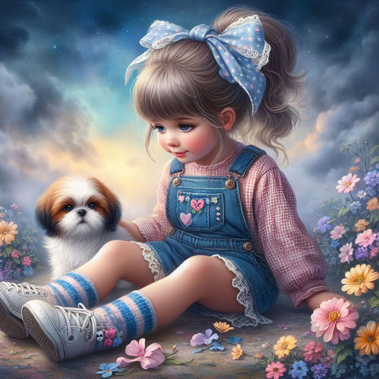 Little Girl And Puppy In The Garden - Full Round Drill Diamond Painting 30*30CM