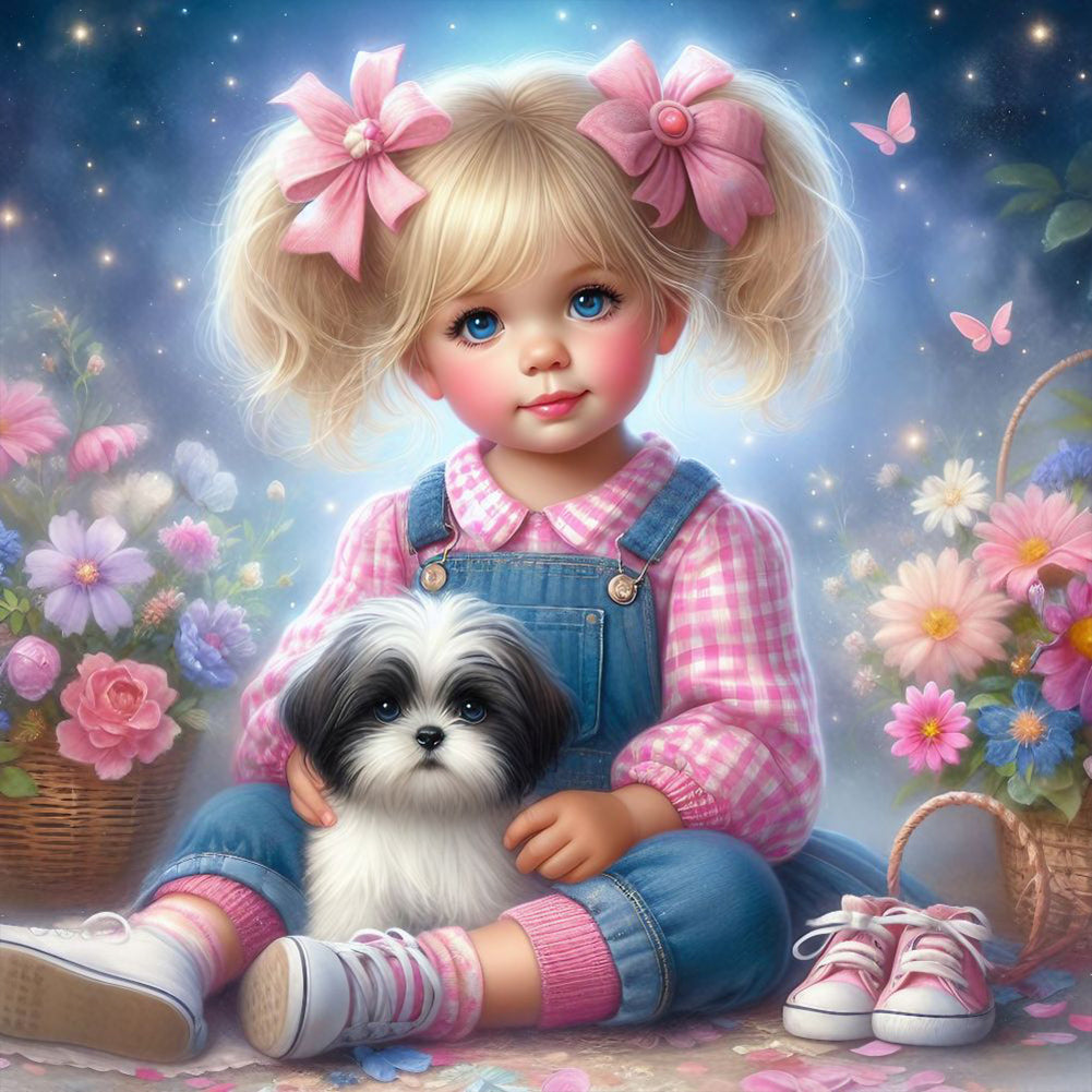 Little Girl And Puppy In The Garden - Full Round Drill Diamond Painting 30*30CM