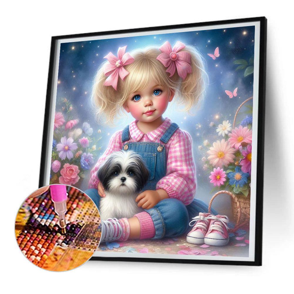 Little Girl And Puppy In The Garden - Full Round Drill Diamond Painting 30*30CM
