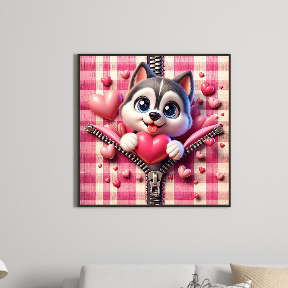 Pink Love Puppy-Husky - Full Round Drill Diamond Painting 30*30CM