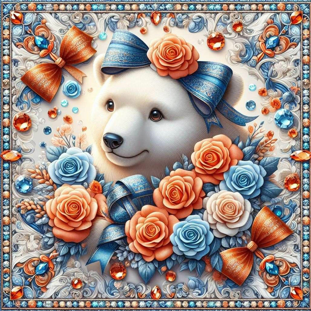 Flowers White Bear - Full Round Drill Diamond Painting 30*30CM