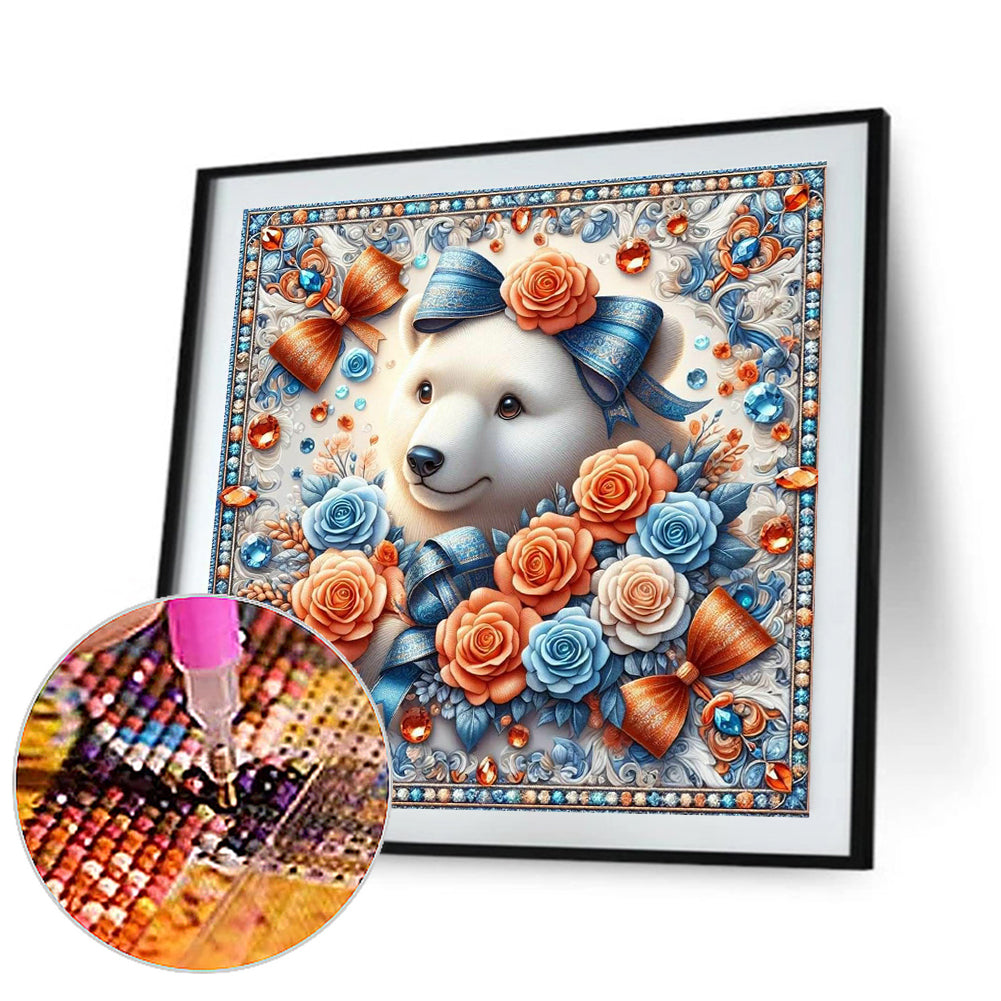 Flowers White Bear - Full Round Drill Diamond Painting 30*30CM