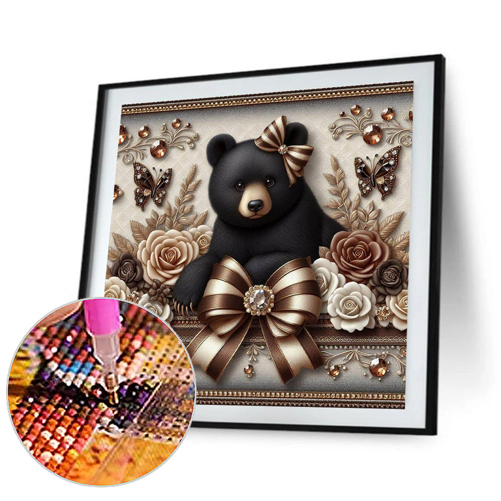 Flowers Black Bear - Full Round Drill Diamond Painting 30*30CM