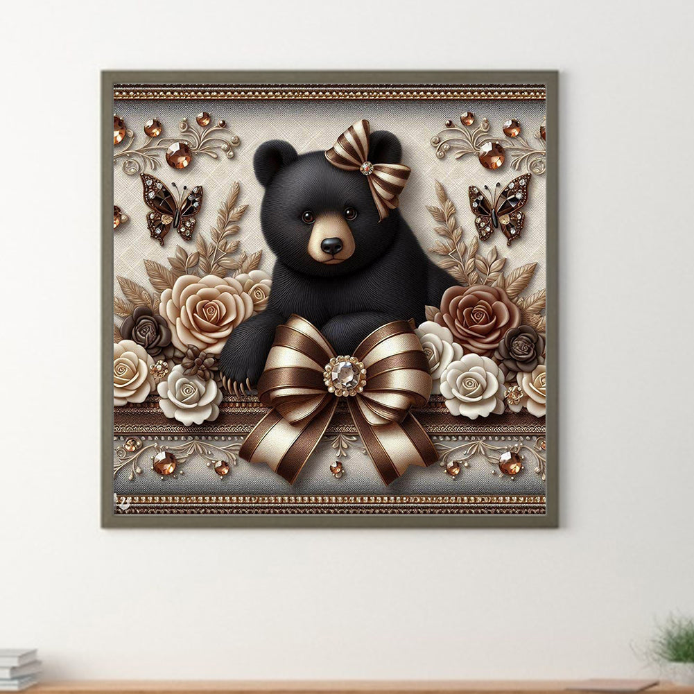 Flowers Black Bear - Full Round Drill Diamond Painting 30*30CM