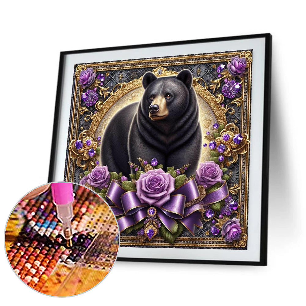 Flowers Black Bear - Full Round Drill Diamond Painting 30*30CM