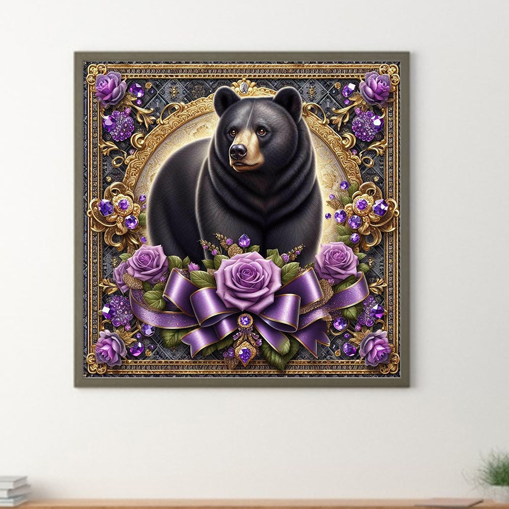 Flowers Black Bear - Full Round Drill Diamond Painting 30*30CM