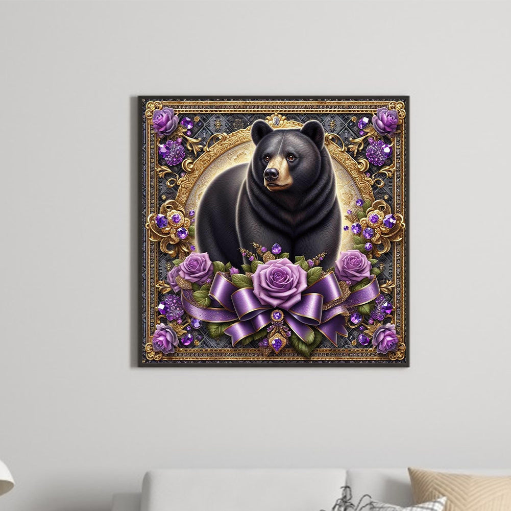 Flowers Black Bear - Full Round Drill Diamond Painting 30*30CM