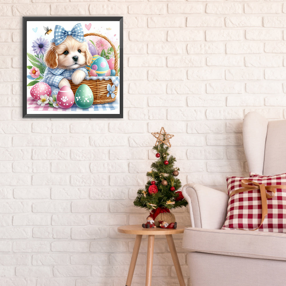 Curly-Eared Dog And Easter Eggs - Full Round Drill Diamond Painting 30*30CM