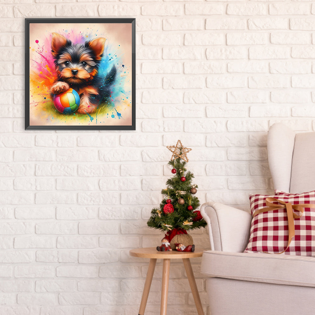 Ball With Little Yorkshire Terrier - Full Round Drill Diamond Painting 30*30CM