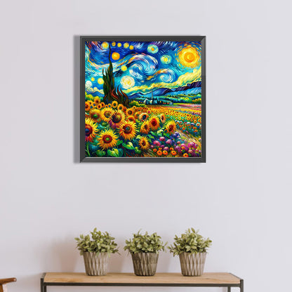 Colored Lead Painting Of Flower Field And Starry Sky - Full Round Drill Diamond Painting 40*40CM