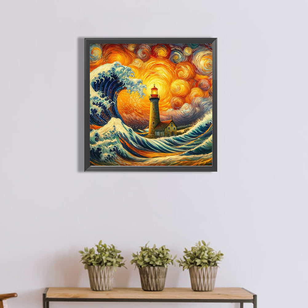 Colored Lead Painting Of Lighthouse On The Sea - Full Round Drill Diamond Painting 40*40CM