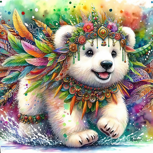 Indian Colored Feather White Bear - Full Round Drill Diamond Painting 40*40CM