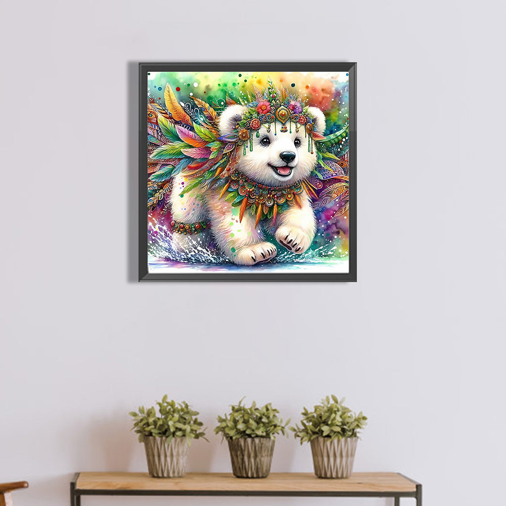 Indian Colored Feather White Bear - Full Round Drill Diamond Painting 40*40CM