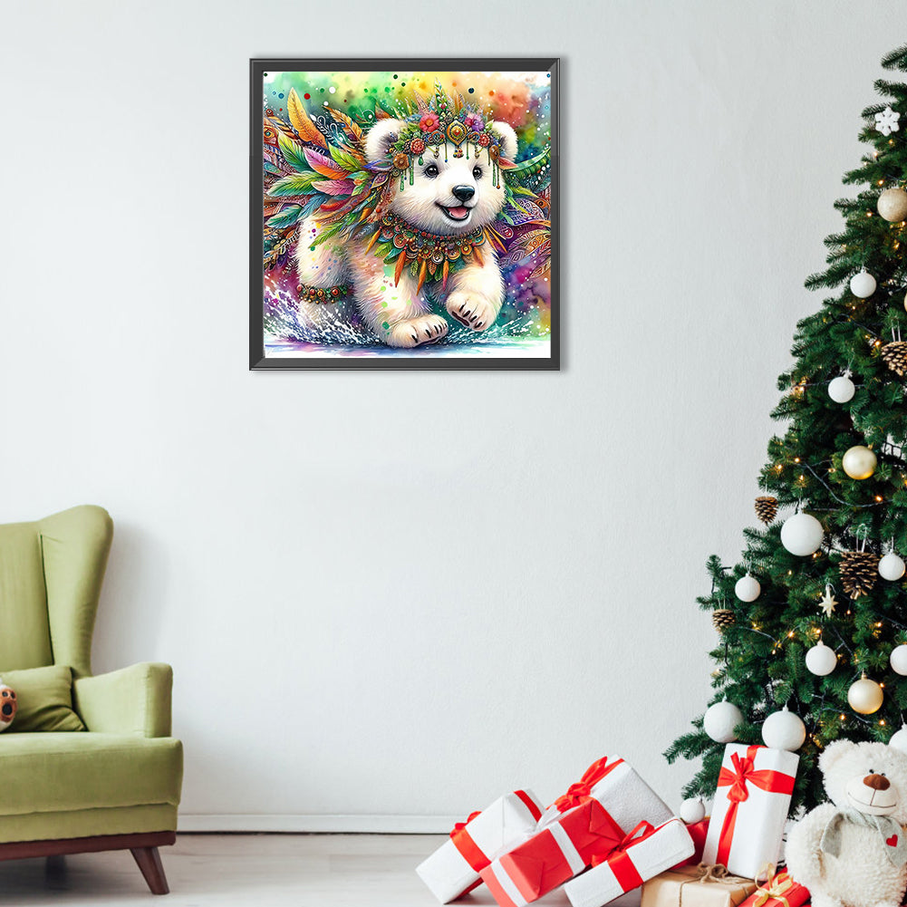 Indian Colored Feather White Bear - Full Round Drill Diamond Painting 40*40CM