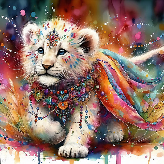 Indian White Lion With Colorful Feathers - Full Round Drill Diamond Painting 40*40CM