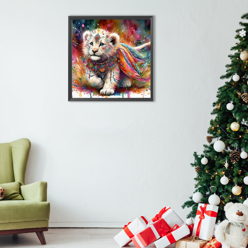 Indian White Lion With Colorful Feathers - Full Round Drill Diamond Painting 40*40CM