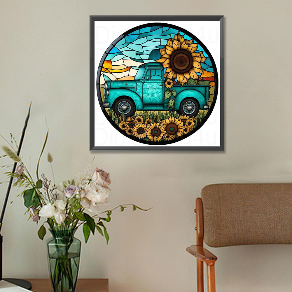 Round Brand Sunflower Classic Car - Full Round Drill Diamond Painting 30*30CM