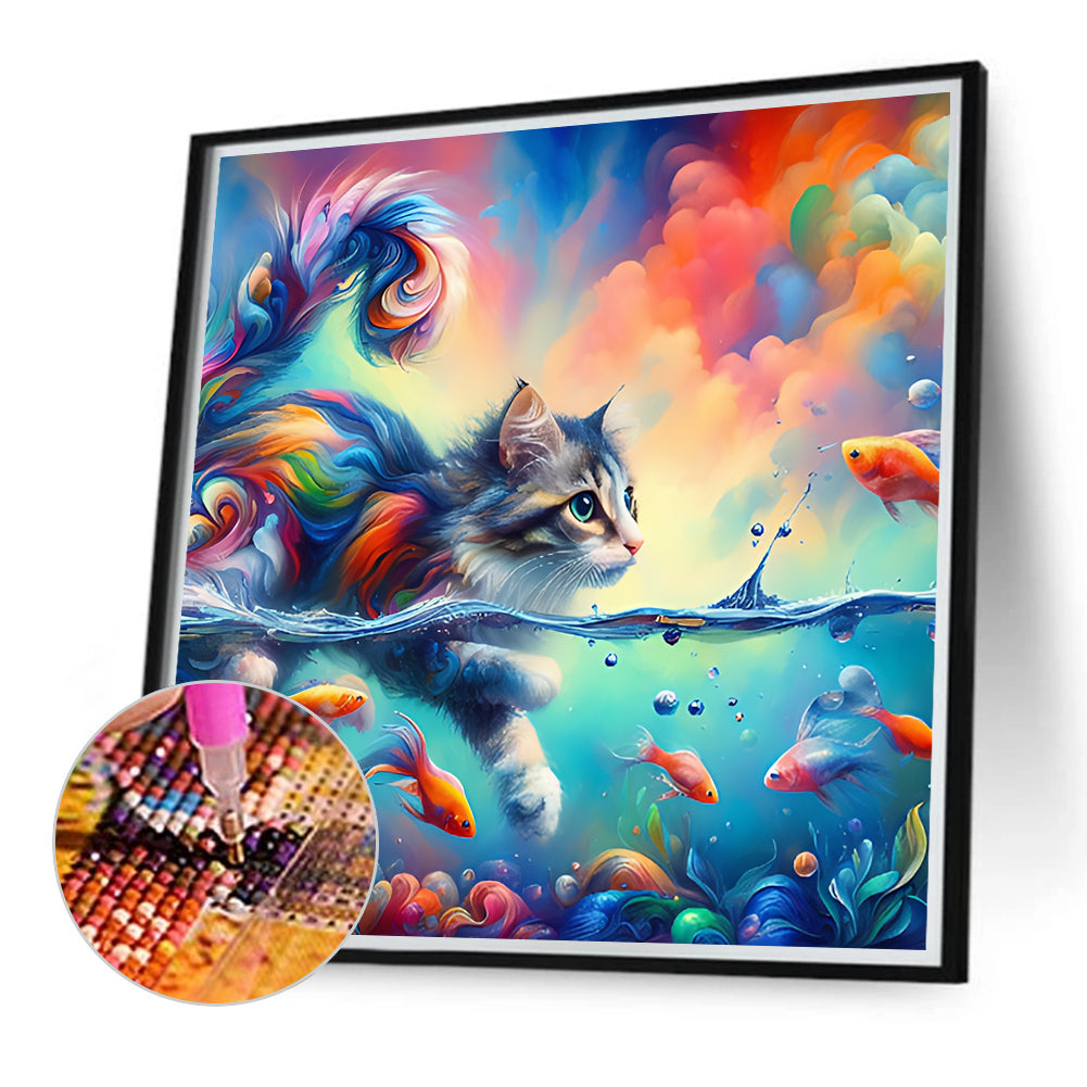 Goldfish And Colorful Cat - Full Round Drill Diamond Painting 40*40CM