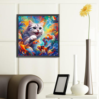 Goldfish And Black And White Cat - Full Round Drill Diamond Painting 40*40CM