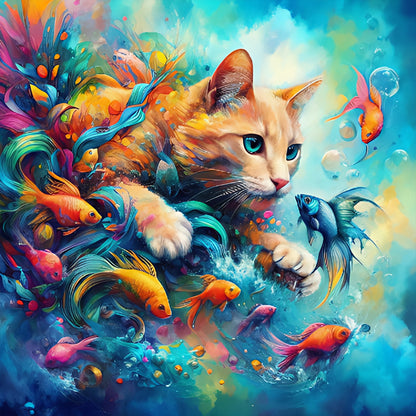 Goldfish And Orange Cat - Full Round Drill Diamond Painting 40*40CM