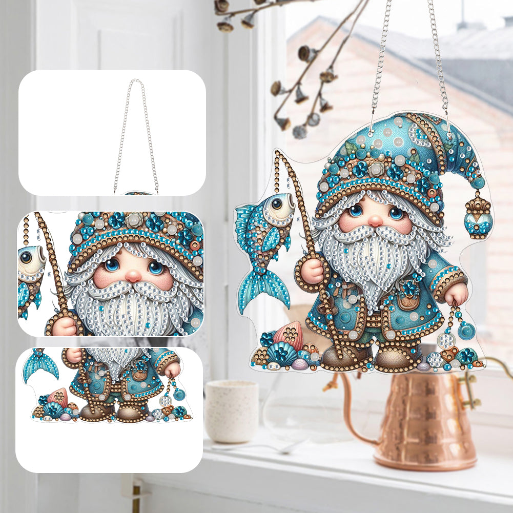 Acrylic Gnome Diamond Art Hanging Pendant for Window Decor (Fishing Gnome)