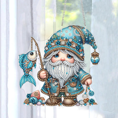 Acrylic Gnome Diamond Art Hanging Pendant for Window Decor (Fishing Gnome)
