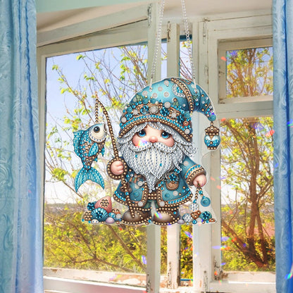 Acrylic Gnome Diamond Art Hanging Pendant for Window Decor (Fishing Gnome)