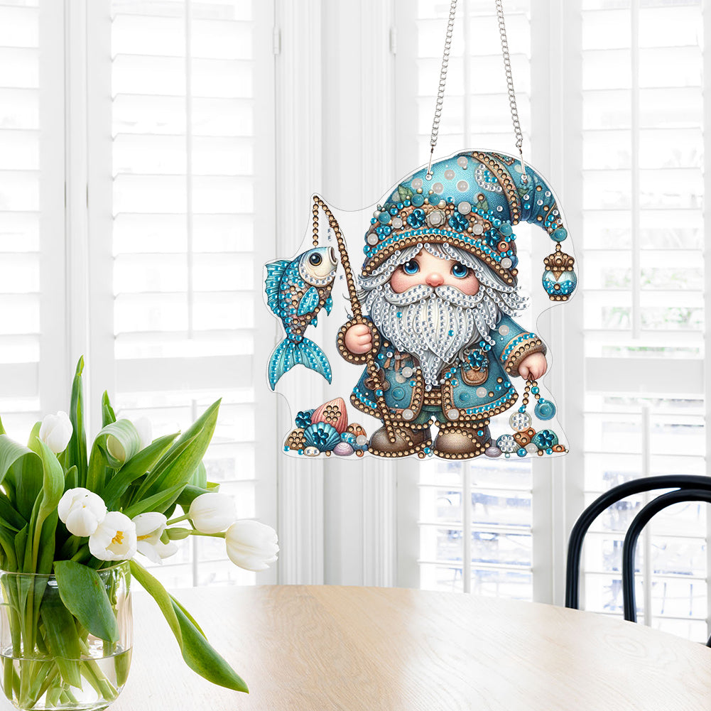 Acrylic Gnome Diamond Art Hanging Pendant for Window Decor (Fishing Gnome)