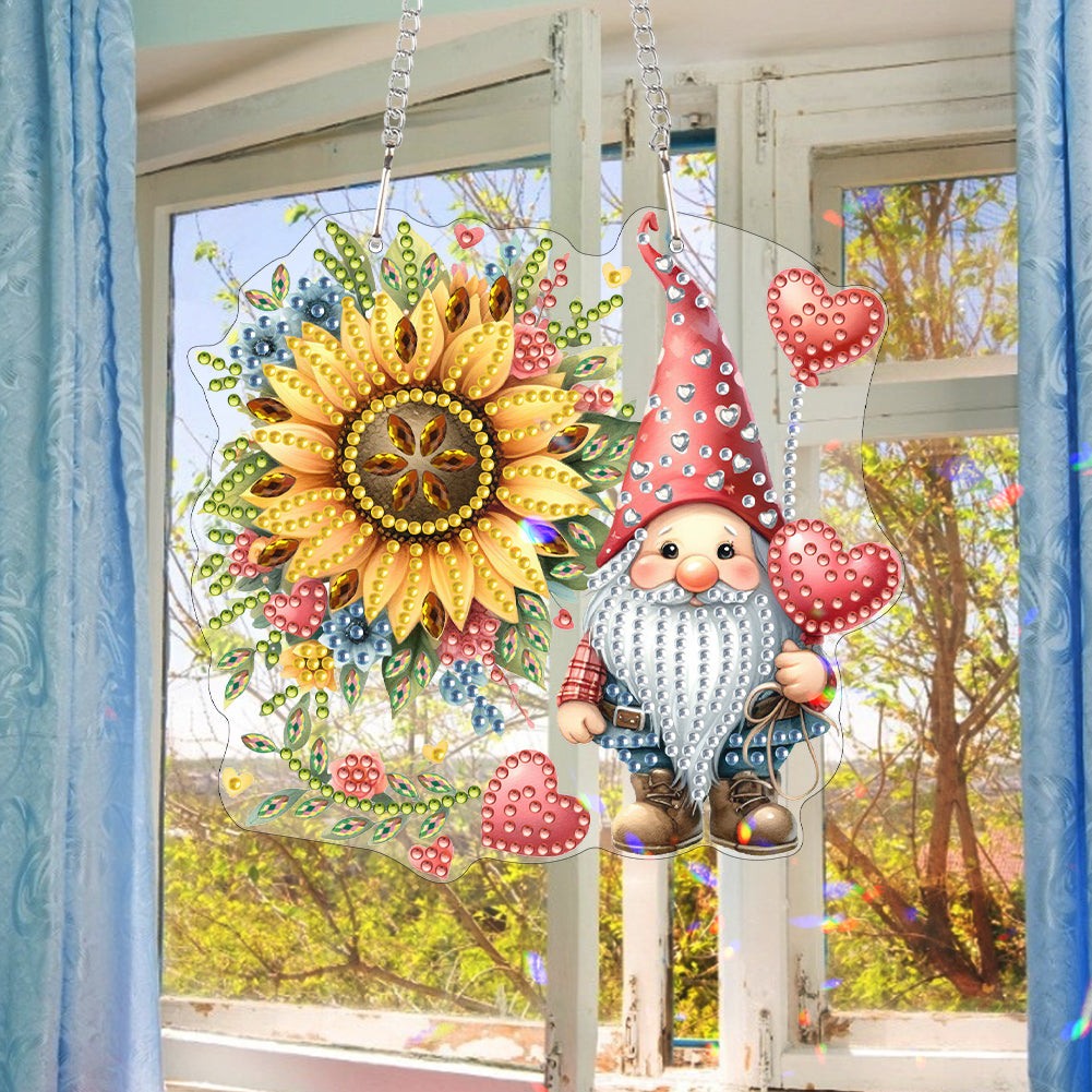 Acrylic Gnome Diamond Art Hanging Pendant for Window Decor (Sunflower Gnome)